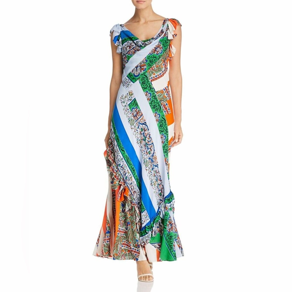 Tory Burch Patchwork Printed Ruffle Maxi Dress Grand Voyage Stripe NWT